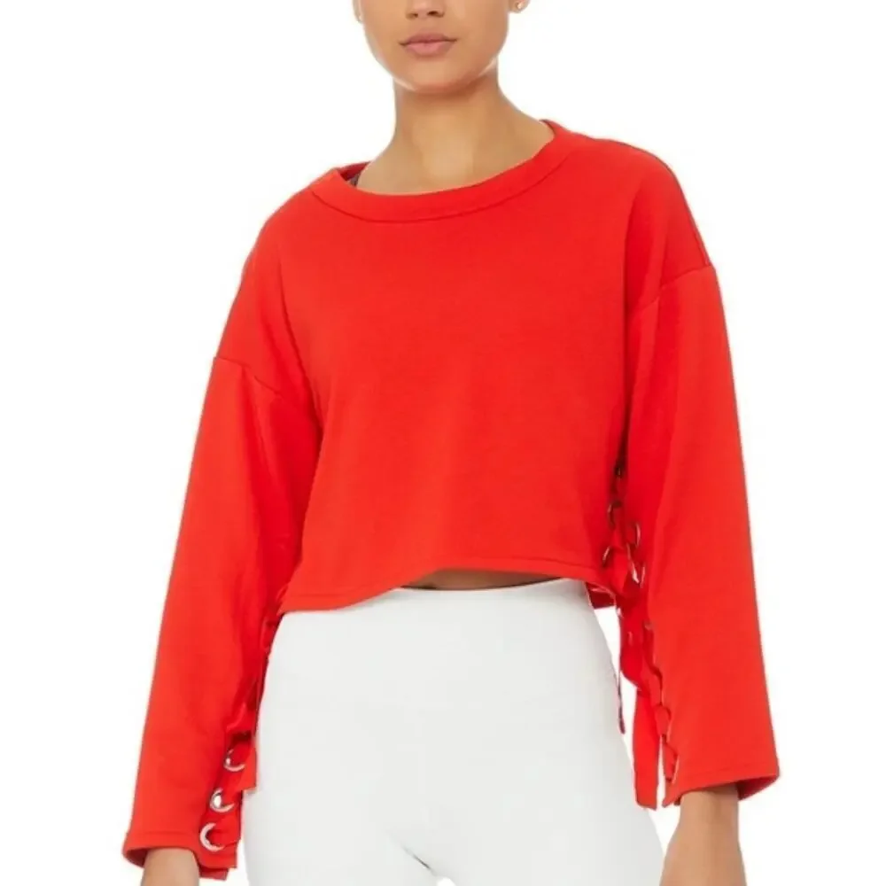 Alo Suspension Pullover Lace Up Crop Sweater Women's Red Size Large